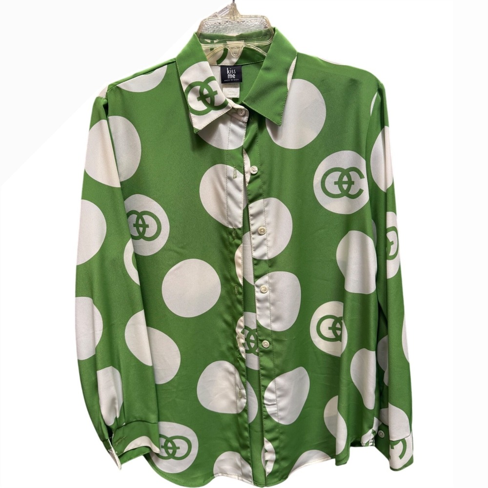 Kiss‎ Me Vintage Green White Polka Dot Logo Button Down Shirt Blouse Medium USA